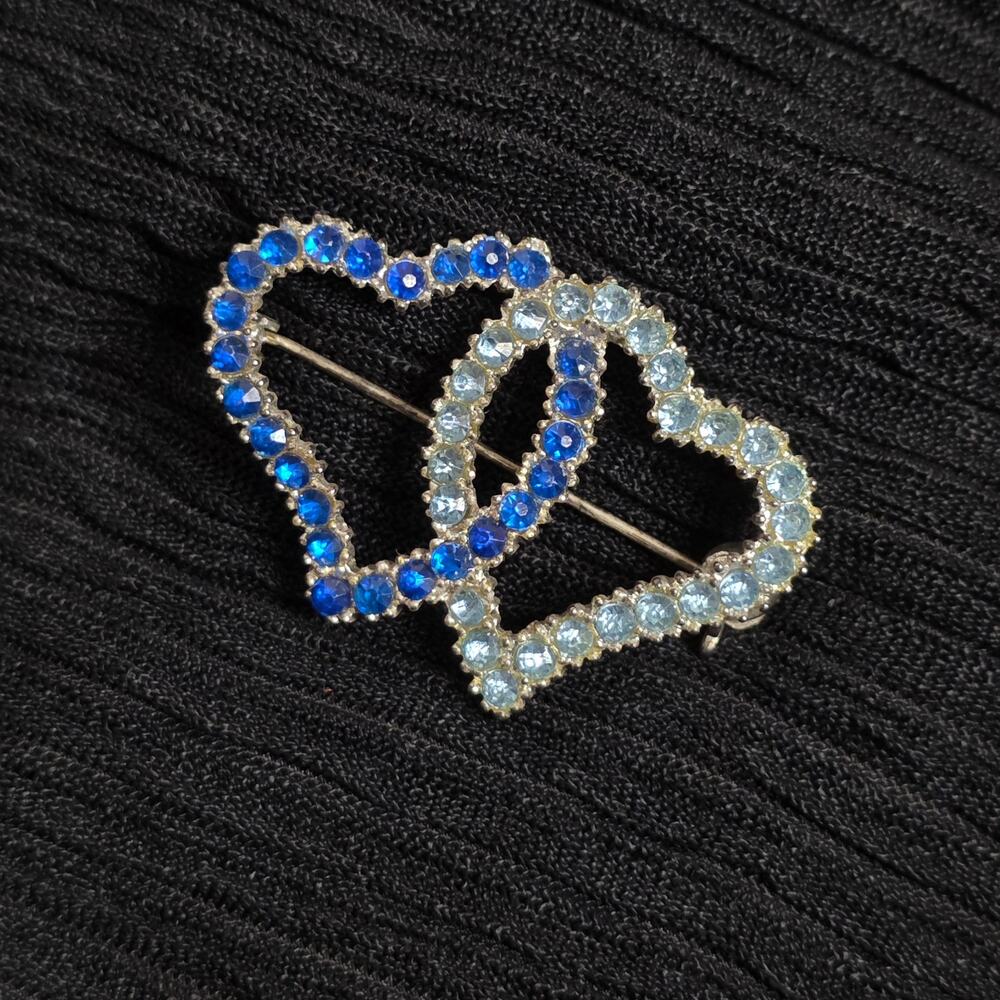 Vintage Rhinestone Heart Brooch Blue Double Heart Silver Tone Coquette Pin